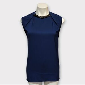 3.1 Phillip Lim Dark Blue Sleeveless Embellished Neckline Silk Top
